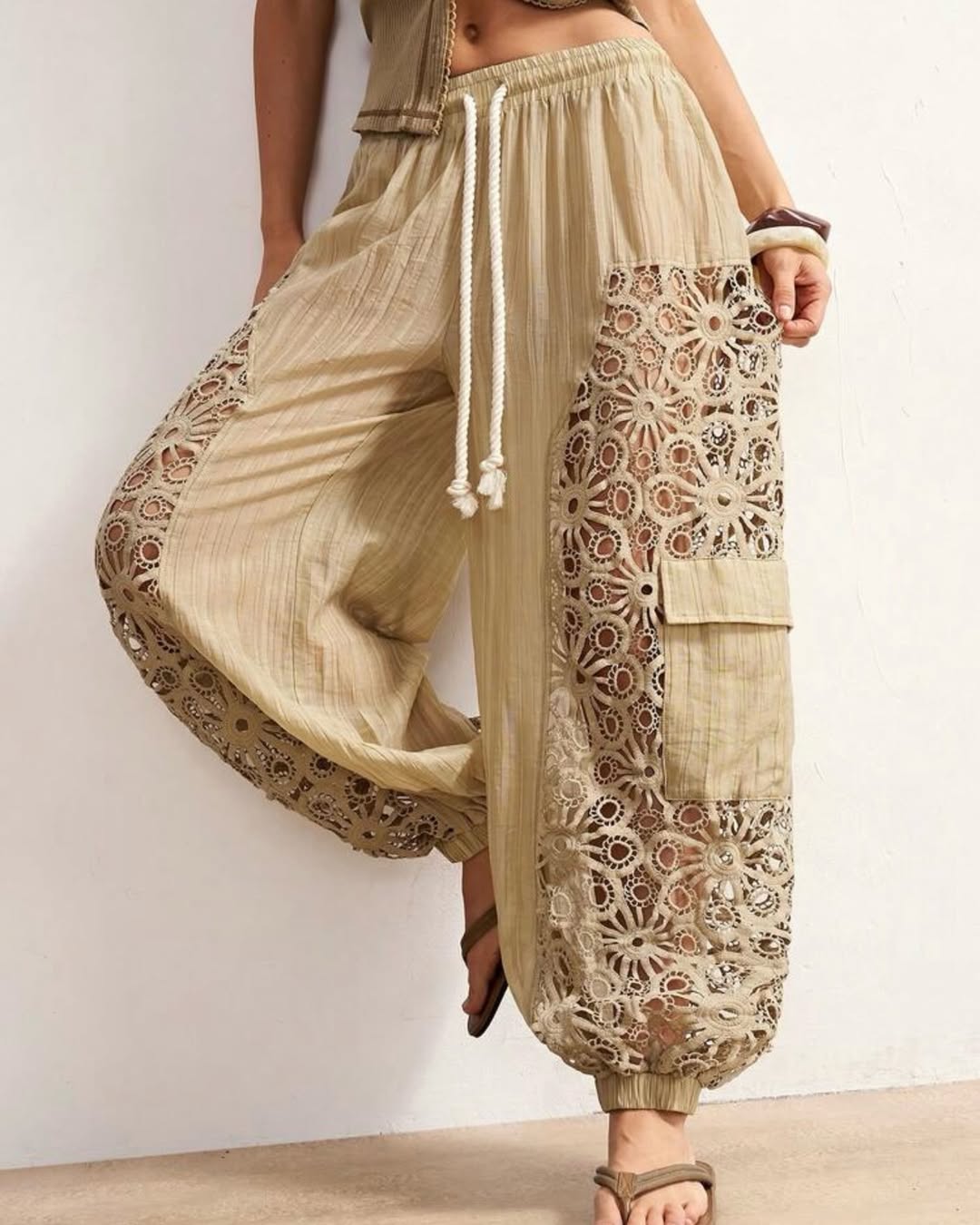 Beige Lace Cutout Drawstring Harem Pants