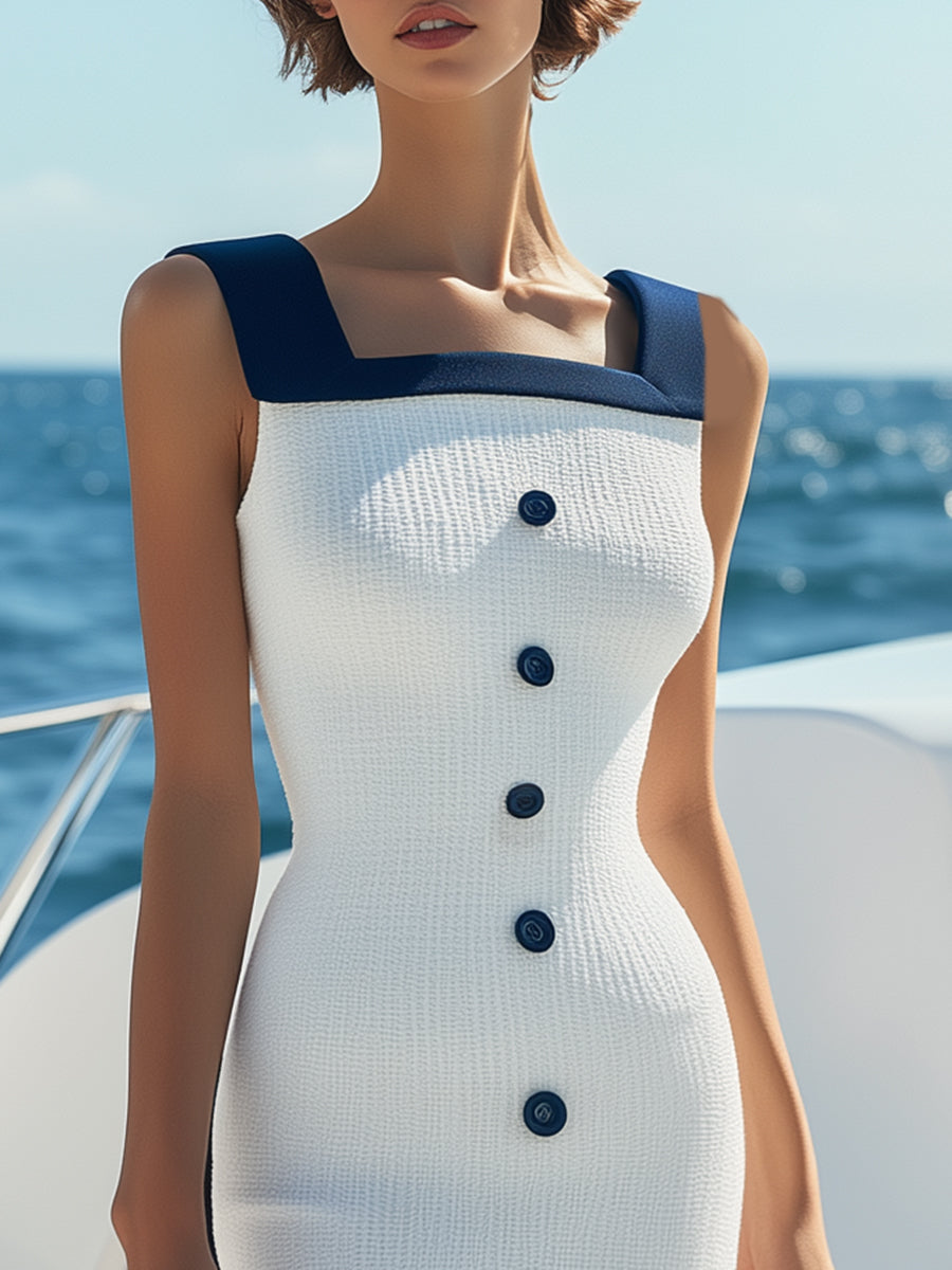 [24-hour shipping out]Summer Vacation Navy Blue Square Collar Button White Knitted Midi Dress