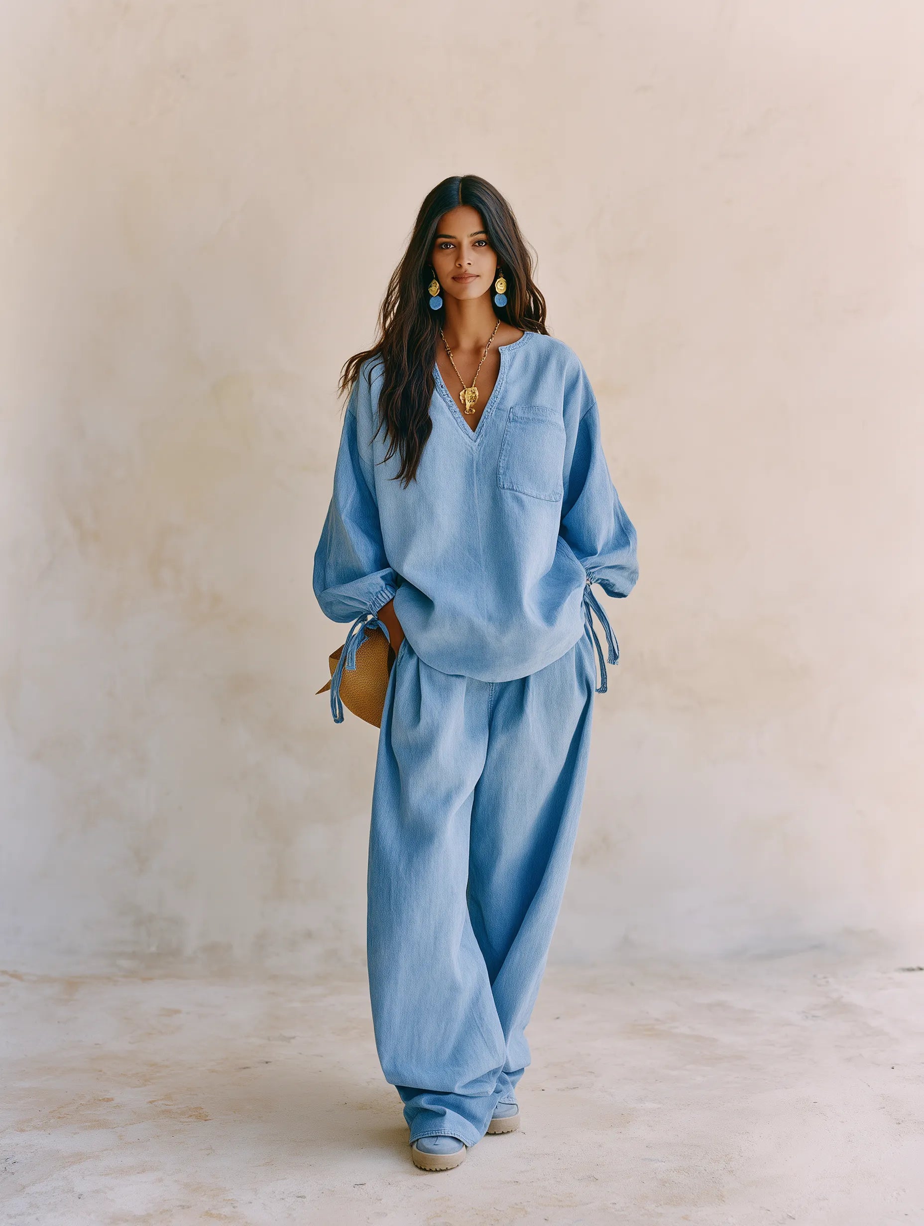 Women's Denim Two-Piece Set - V-Neck Tie-Sleeve Top & Wide Leg Pants