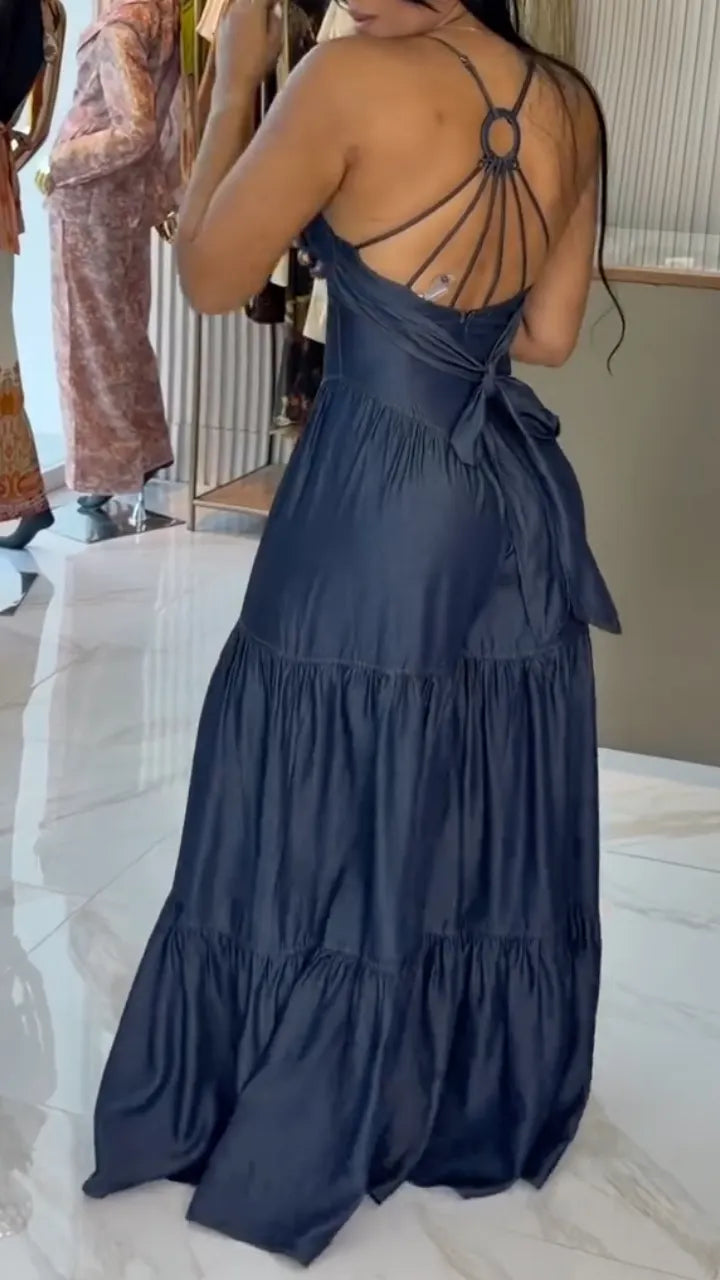 Denim Spaghetti Strap Button Down Tiered Wide Leg Jumpsuit