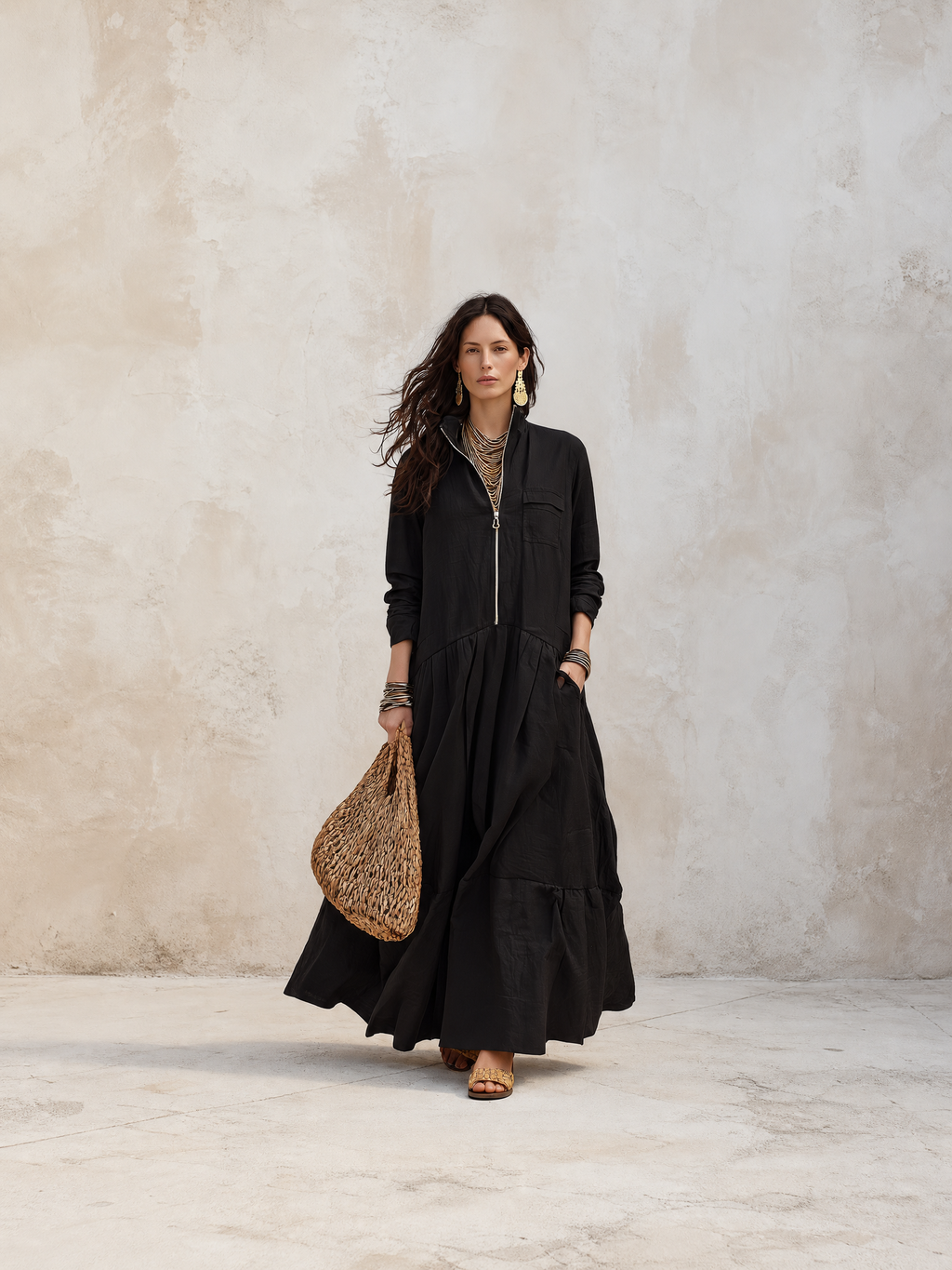Effortless Boho Linen Zip-Front Tiered Drop-Waist Black Maxi Dress