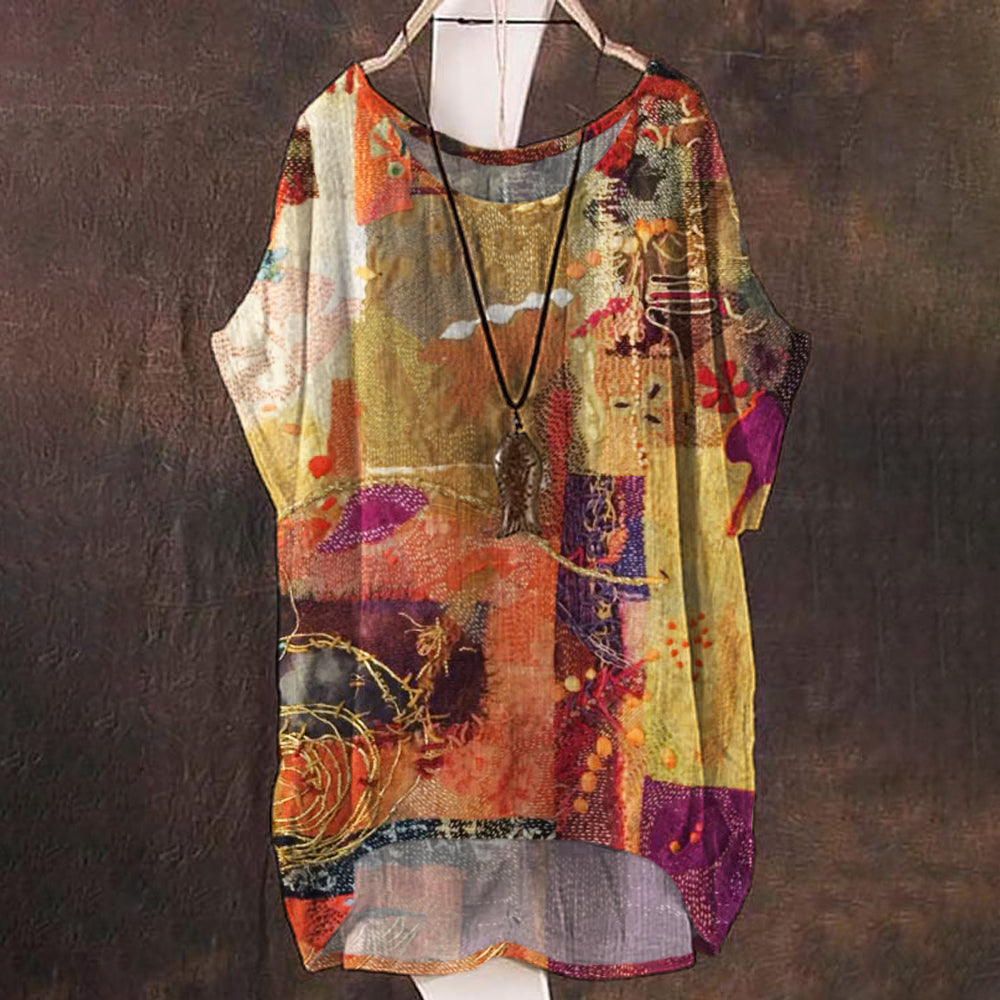 Vintage Boho Floral Patchwork Printed Women's Linen Flowy Shirt