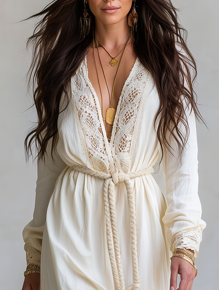 Bohemian Ivory Lace Trim Belted Wrap Maxi Dress