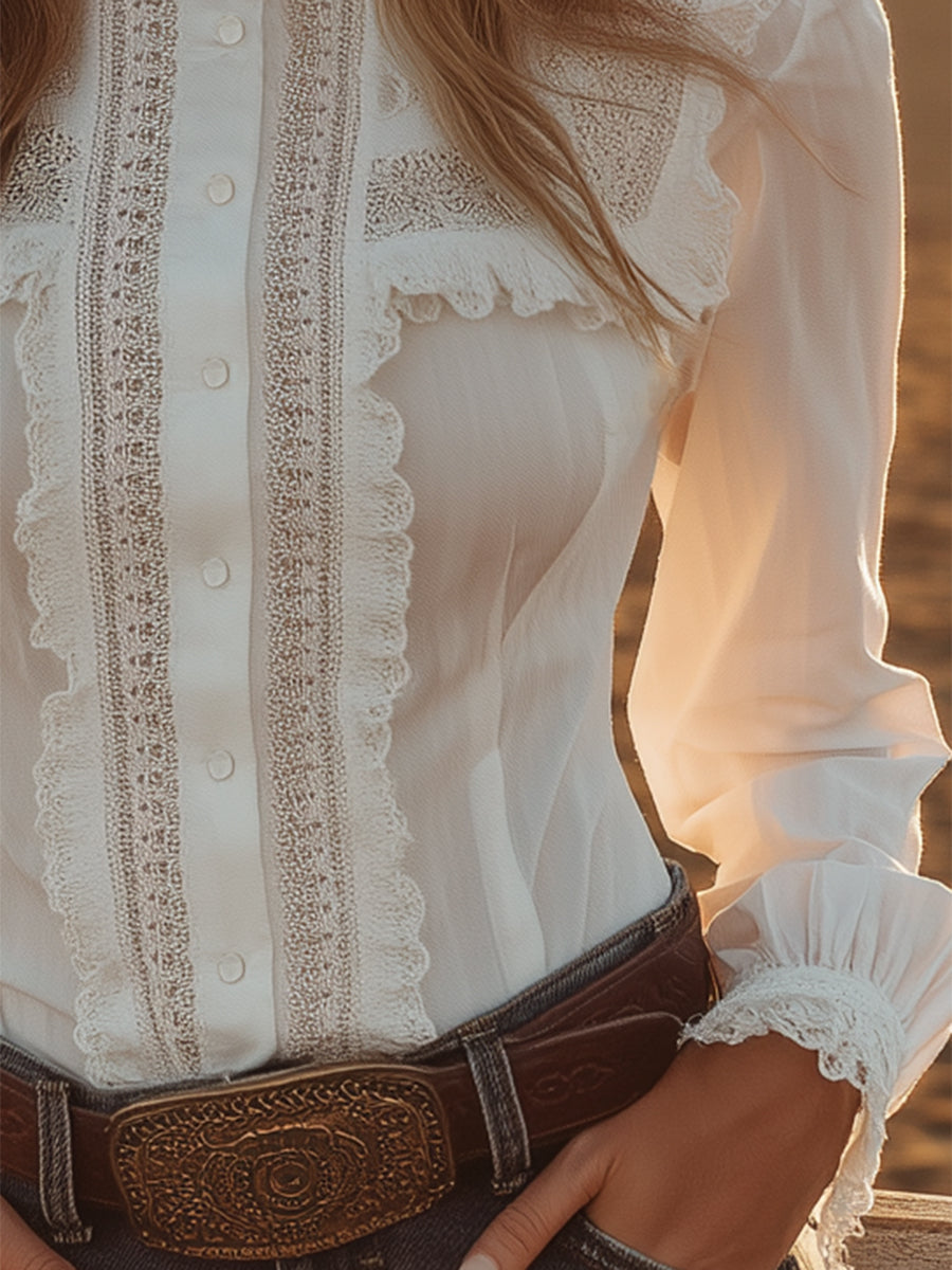 [24-hour shipping out]Western-style White Lace Button-down Shirt