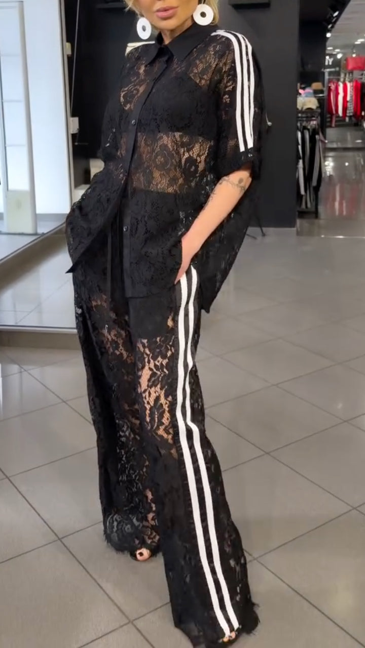 Black Lace Lapel Striped 2 Piece Set