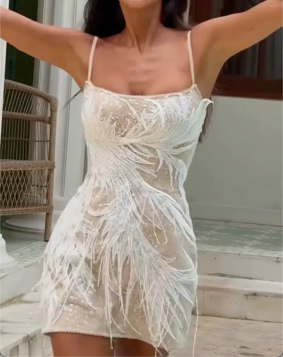 White Feather Sequin Mesh Corset Mini Slip Dress for Birthday Party Beach Vacation Evening Club Photoshoot