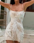 White Feather Sequin Mesh Corset Mini Slip Dress for Birthday Party Beach Vacation Evening Club Photoshoot