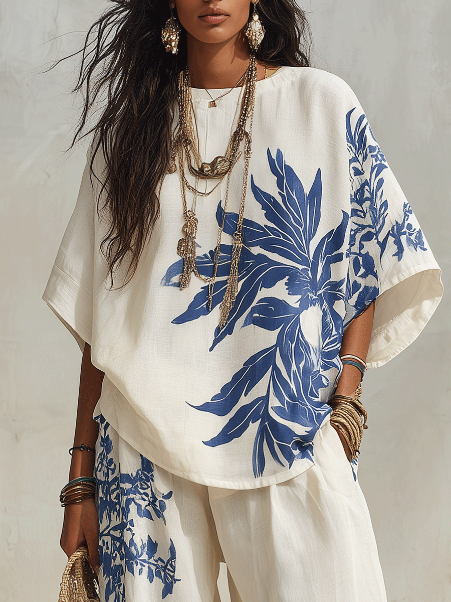 Resort Chic Linen Botanical-Print Wide-Leg Blue & White Loungewear Set
