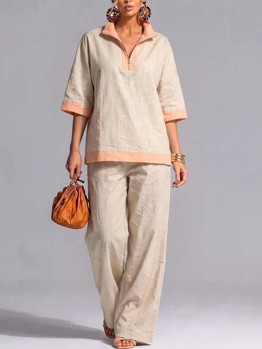 Half Sleeves Contrast Color Zipper V-neck Blouses&shirts Tops + High Waisted Pants Trousers Two Pieces Set