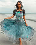 Summer Vacation Seaside Turquoise Beaded Linen Dress e395