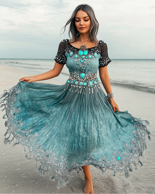 Summer Vacation Seaside Turquoise Beaded Linen Dress e395