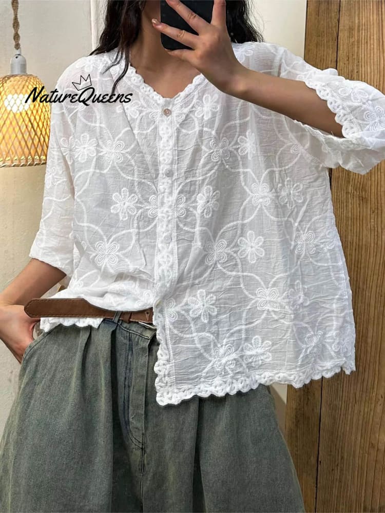 Women's V-neck Half Sleeve Embroidered Cardigan Buttoned Casual Linen Top