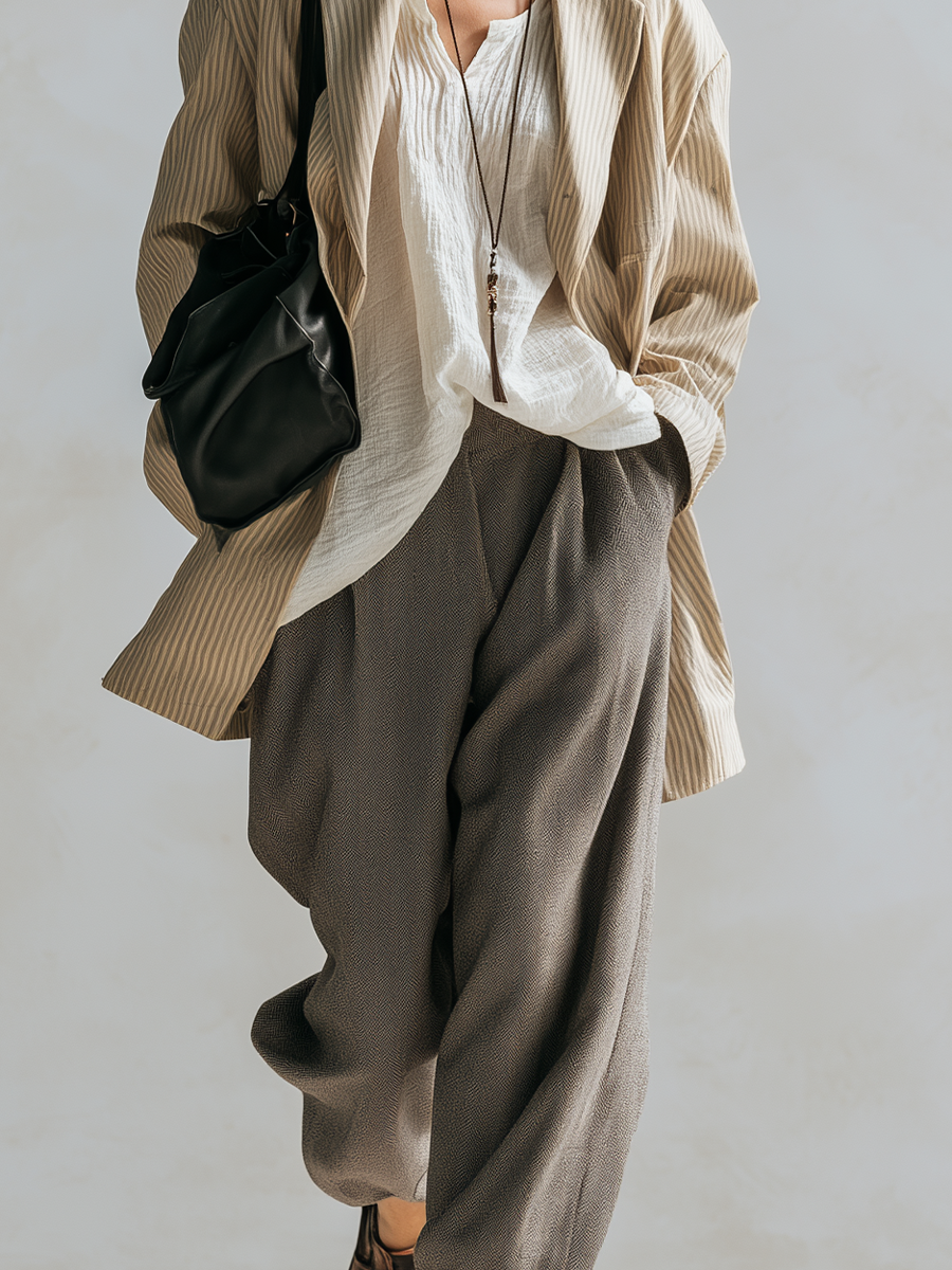 Striped Jacket Paired With A White Shirt And Brown Harem Pants Set