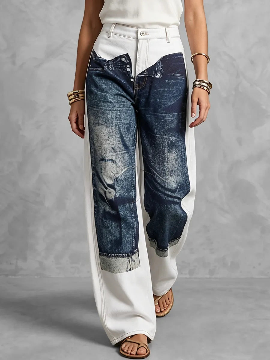 Printed Pockets Contrast Color Buttoned Wide Leg High Waisted Trousers Pants
