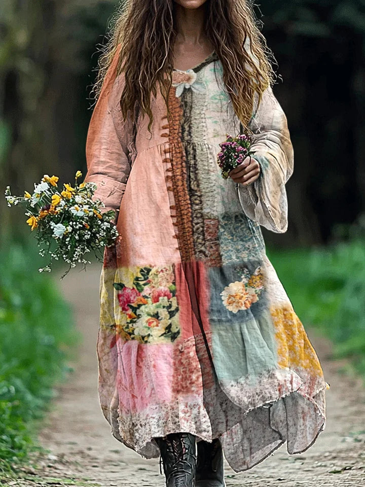 Women's Vintage Bohemian Floral Patch V-neck Cotton And Linen Dress