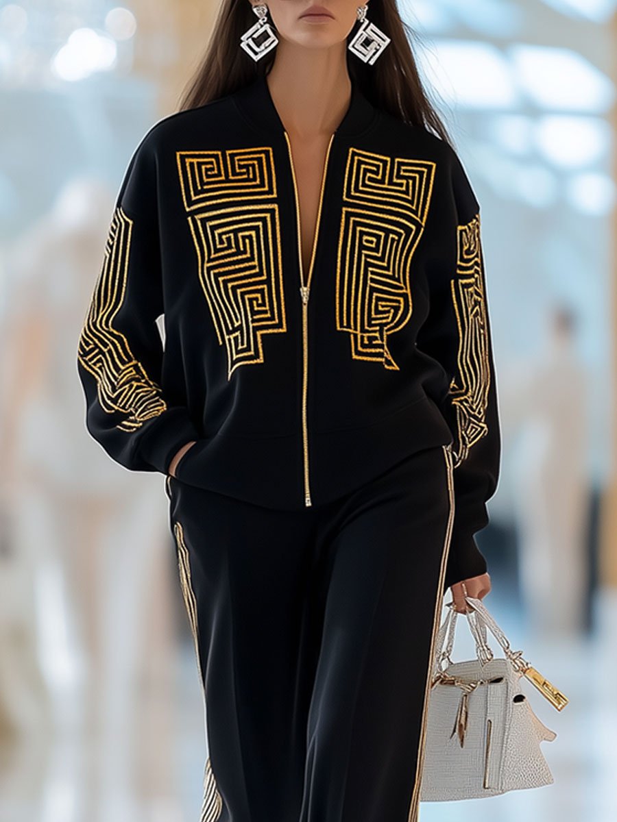 [24-hour shipping out]Casual Loose Retro Gold Greek Geometric Print Zipper Sports Set