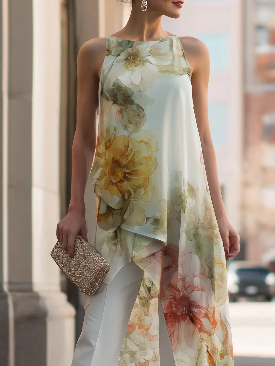 Sheer Floral Asymmetric Overlay Top & Tailored Pants Set