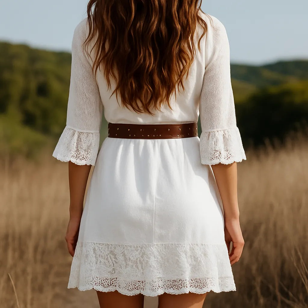 [24-hour shipping out]Women's White Linen V-neck Lace Hem Stitching Lace Mid-length Sleeve Dress
