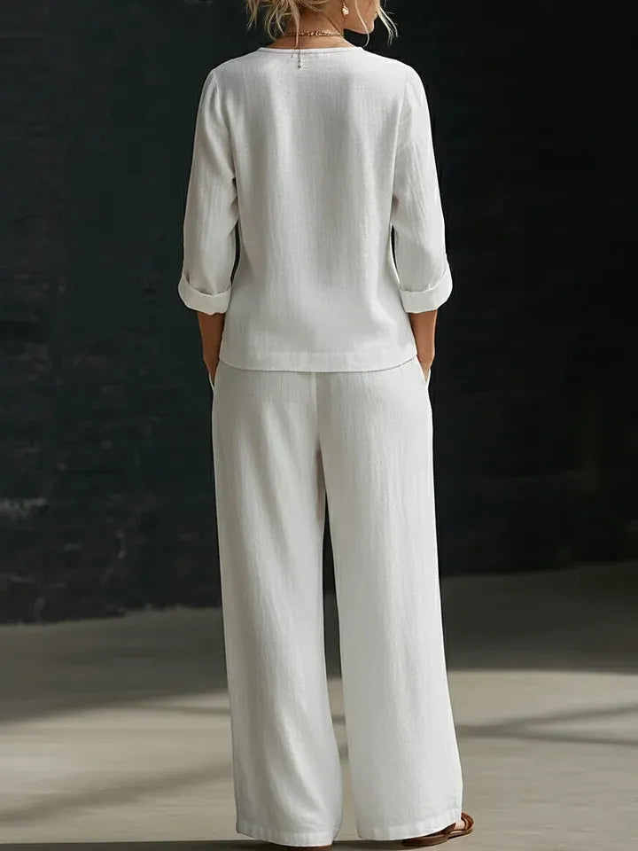 Elegant White Linen Blend Two-Piece Set | Chic V-Neck Button Top & Wide Leg Pants Lounge Set