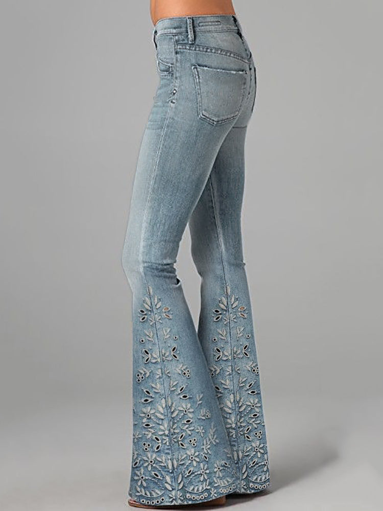 Boho Floral Hollow Embroidered Washed Flare Jeans