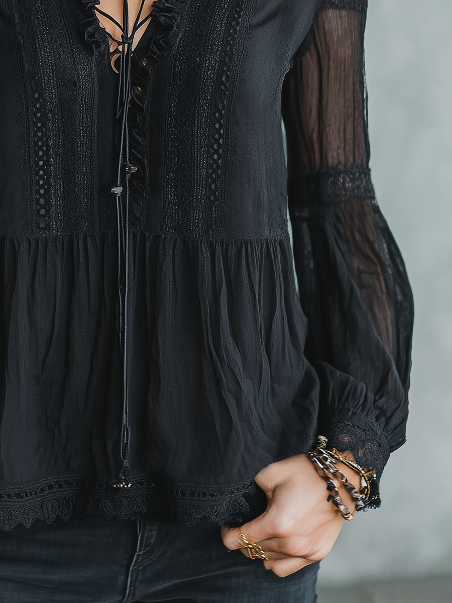 Elegant Black Lace Trim Blouse