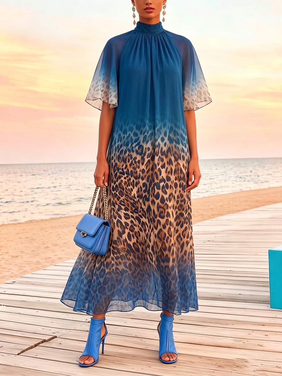 Sexy Blue Vacation Party Dress With Leopard Print