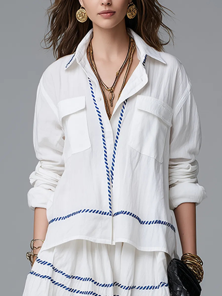 Bohemian Style Cotton And Linen White Midi Skirt Suit