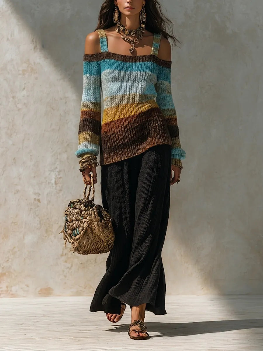 Tummy-Covering Asymmetric Knit Tunic & Palazzo Pants Outfit Set