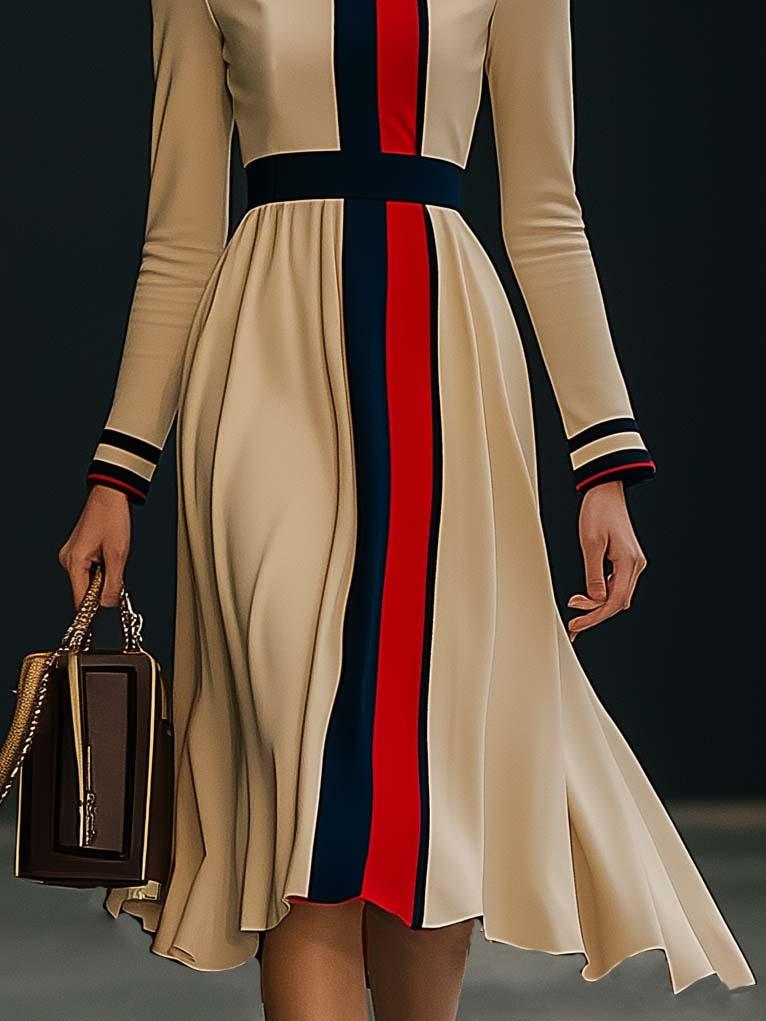[24-hour shipping out]Elegant Colorblock Long Sleeve Midi Dress