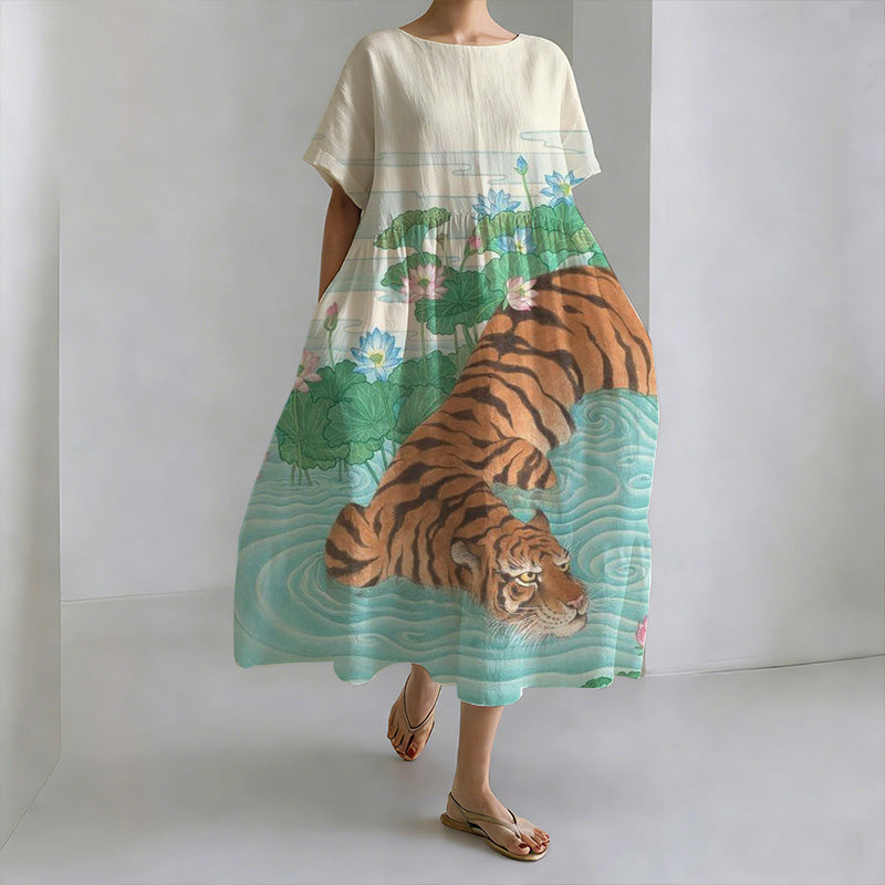 Lotus Pond Tiger Print Round Neck Casual Dress