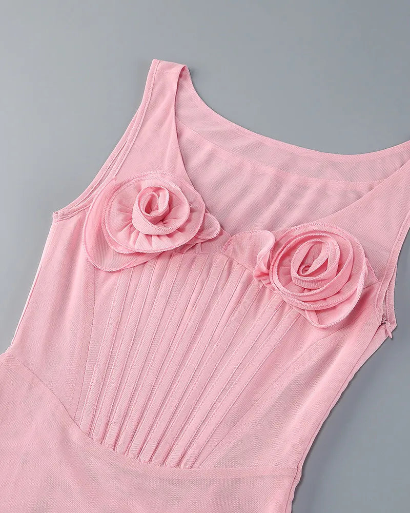 Floral Bustier Structured Midi Dress Pink