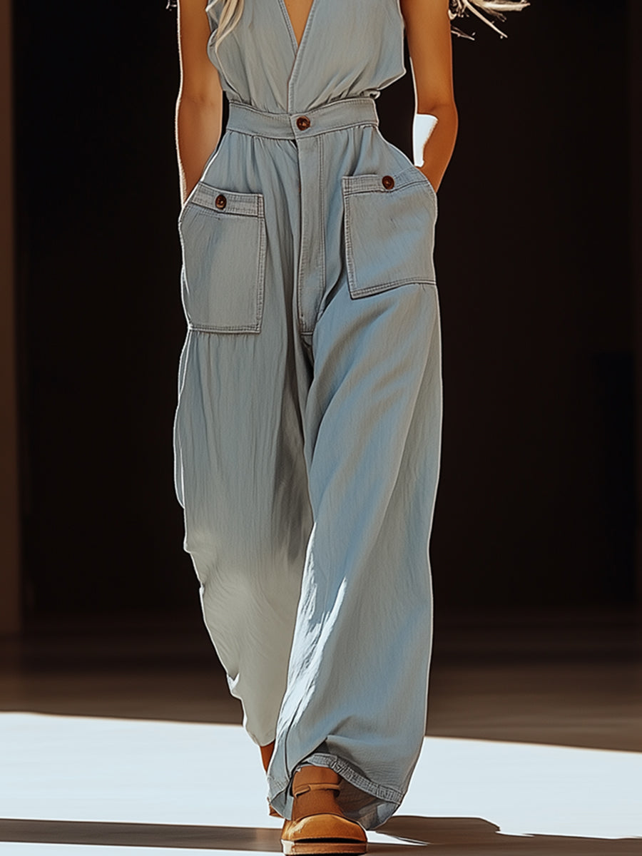 [24-hour shipping out]Casual Retro Gray-blue Tencel Denim Pocket Overalls