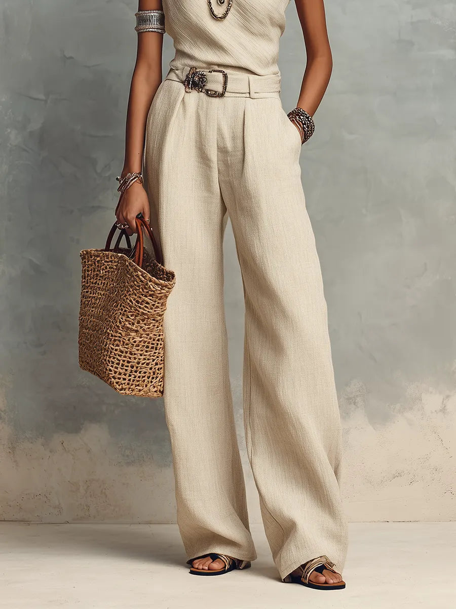 Ivory Linen One-Shoulder Top And Wide-Leg Trousers Set