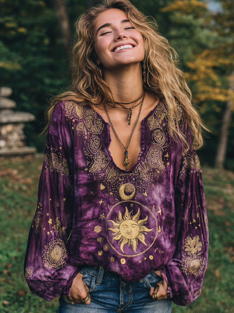 Mysterious Sun And Moon God Art Tie-dyed V-neck Linen Top