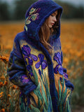 Purple Irises Felt Embroidered Cozy Knit Hooded Cardigan
