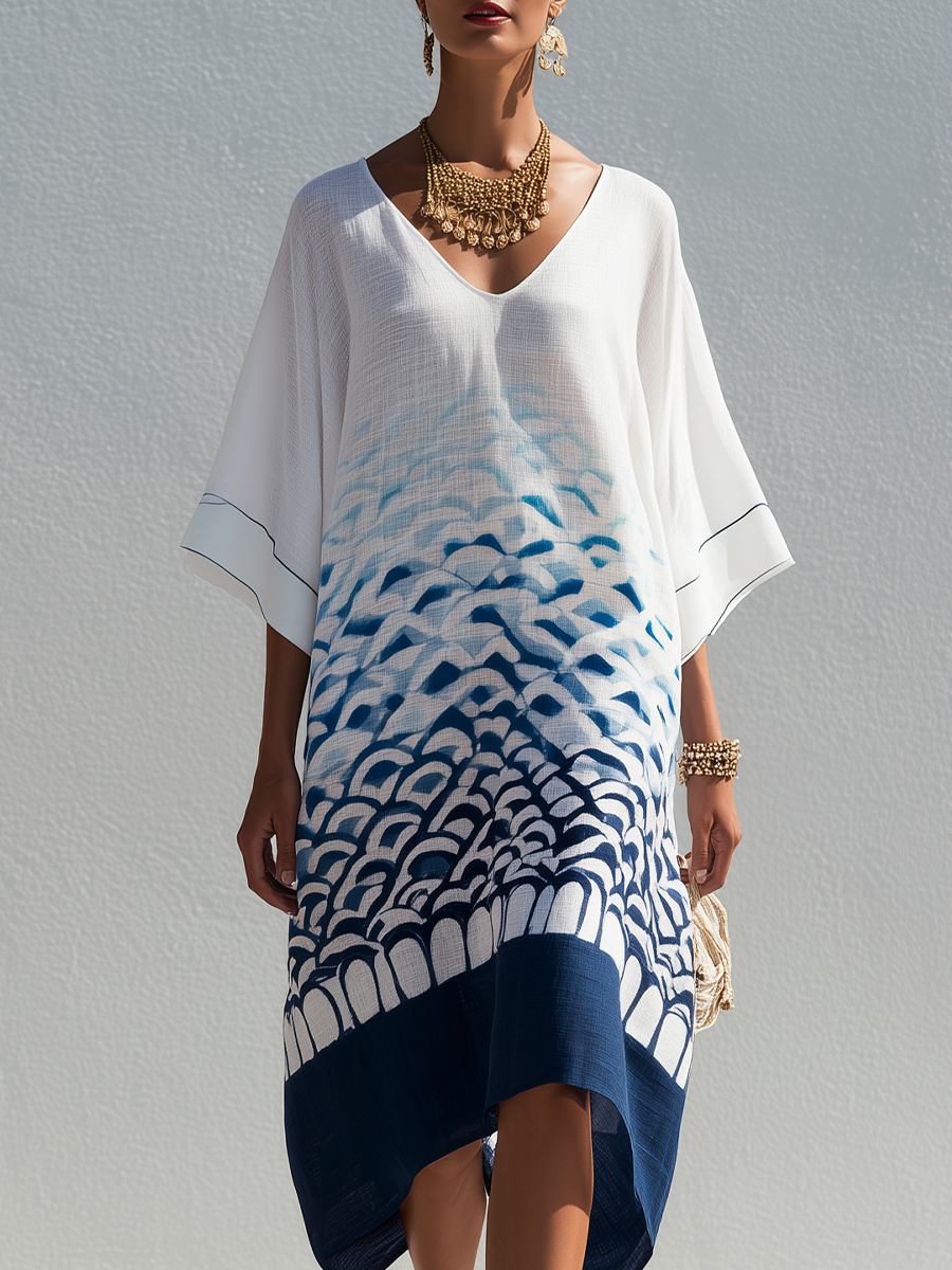 Bohemian Style White And Blue Gradient Kaftan Dress