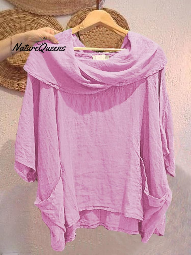 Women's Solid Color Draped Neck 3/4 Sleeve Comfortable Casual Linen Pocket Top