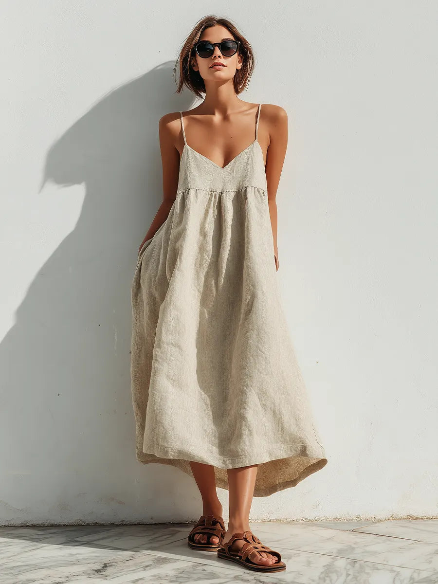 Women's Lightweight Linen Swing Dress With Loose Fit & Asymmetric Hem, Contemporary Effortless-Elegant Style Dress