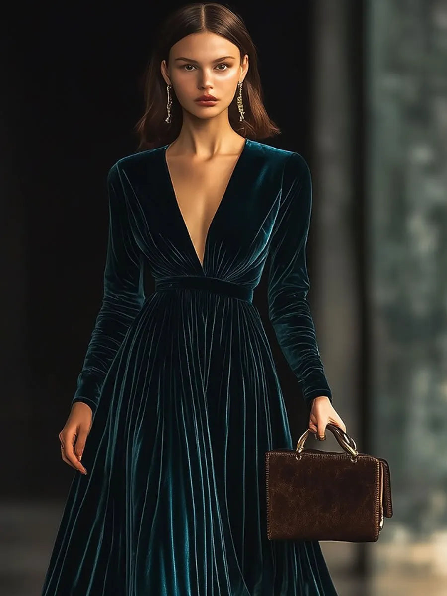 [24-hour shipping out]V-Neck Fashion Party Solid Color Velvet Long-Sleeved Maxi Dress