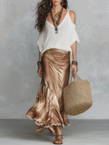 Chic Champagne Ivory Boho Knit Top & Satin Maxi Skirt Set