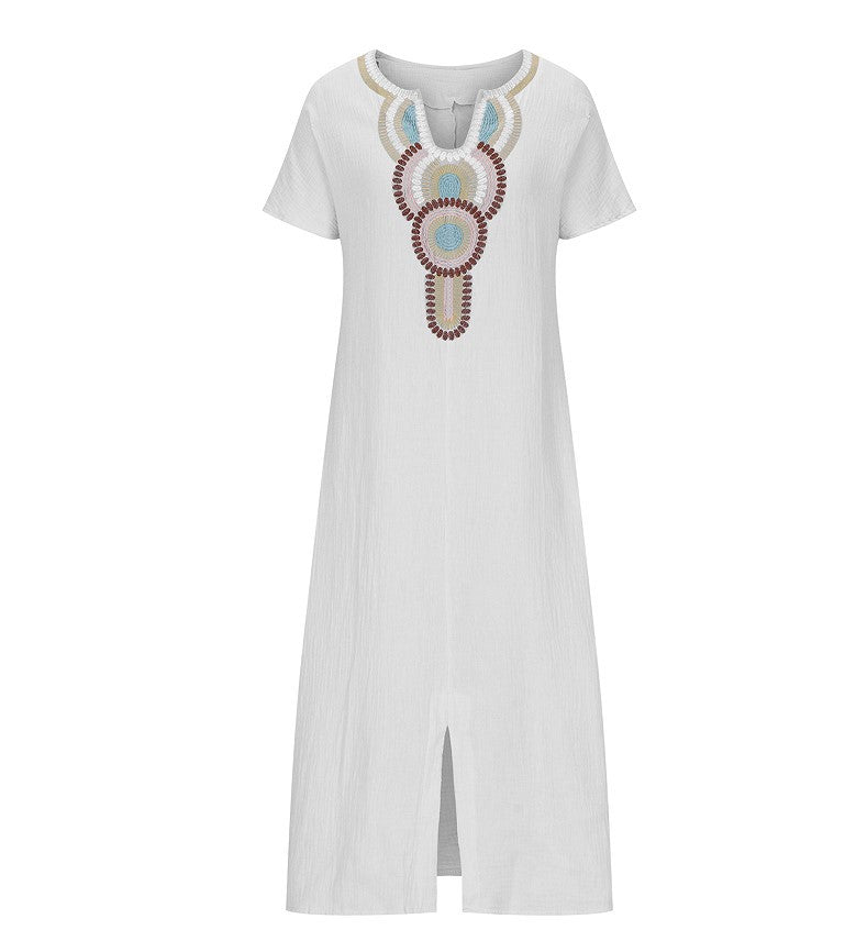 Cotton and Linen Embroidered Split Dress
