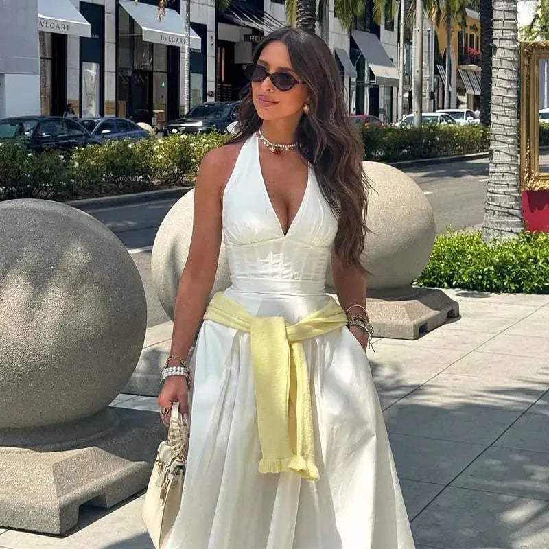 Evelisse Halterneck Corset Midi Dress – Summer Wedding Guest and Holiday Midi Dress in White or Yellow Floral Print