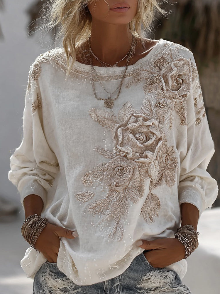 Women's Vintage Flower Embroidery Art Print Round Neck Long Sleeve T-shirt