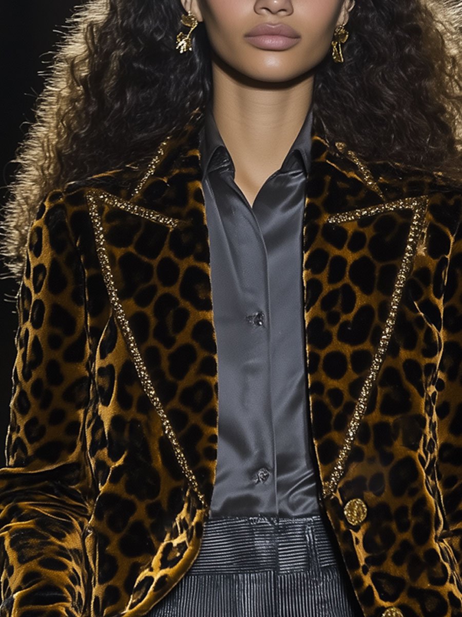 [24-hour shipping out]Casual Fashion Velvet Leopard Print Lapel Gold Edge Blazer