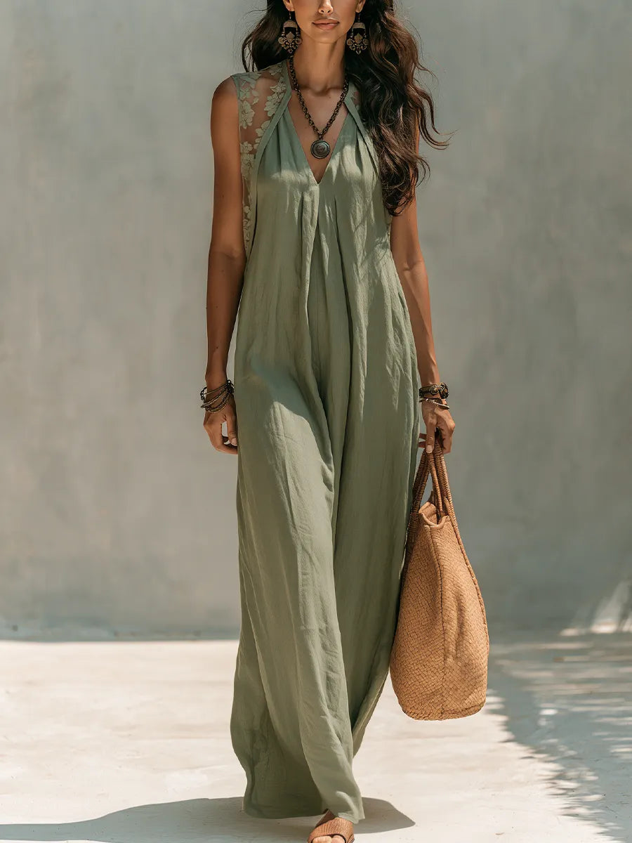 Relaxed Olive Lace-Back Wide-Leg Maxi Dress
