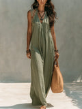 Relaxed Olive Lace-Back Wide-Leg Maxi Dress