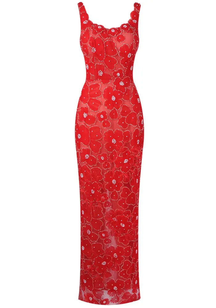 Crystal Floral Maxi Dress Red