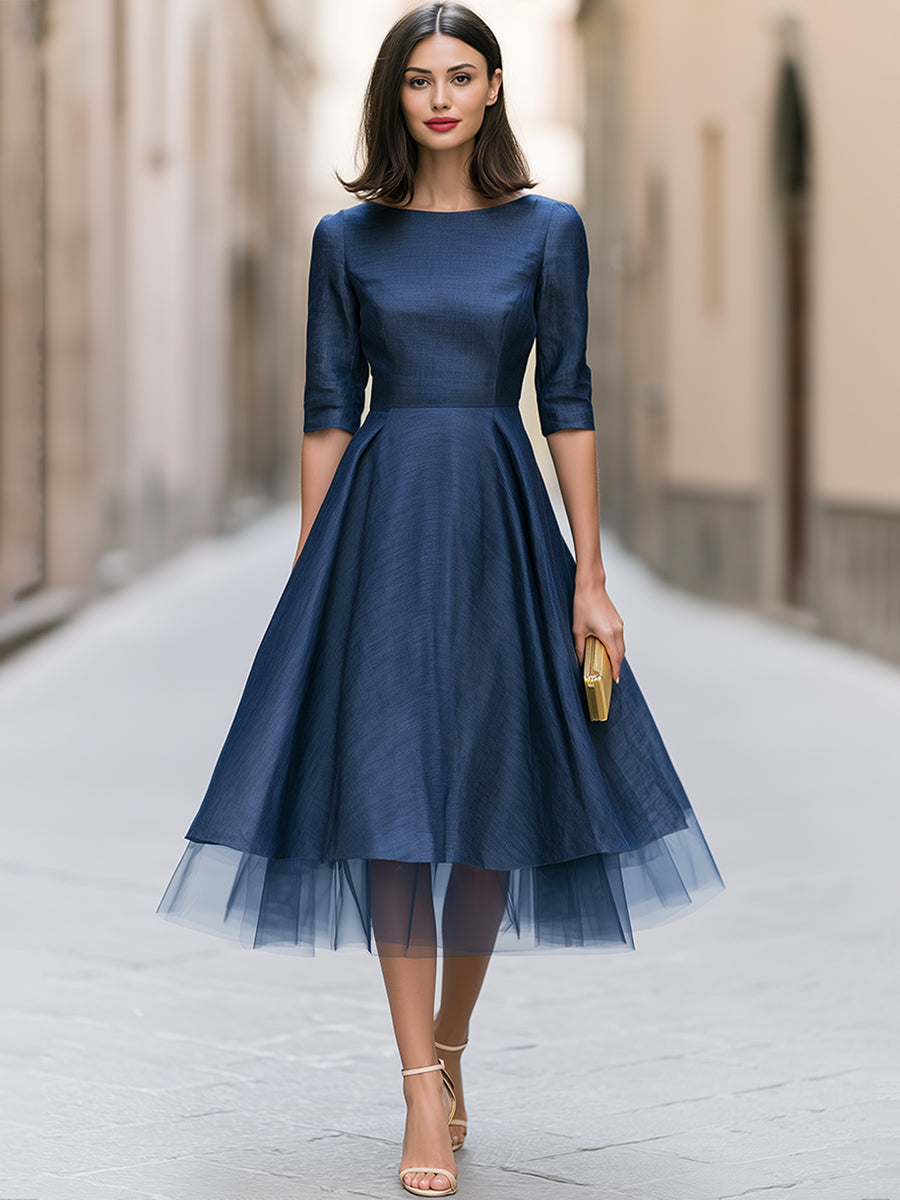 Tulle Hem Bateau Neck A-Line Midi Dress