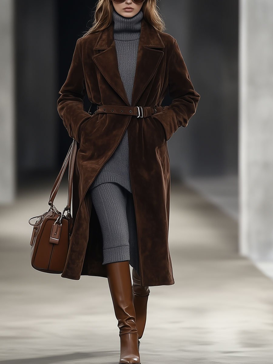 [24-hour shipping out]Casual Loose Retro Solid Chocolate Color Belted Suede Mid-Length Coat