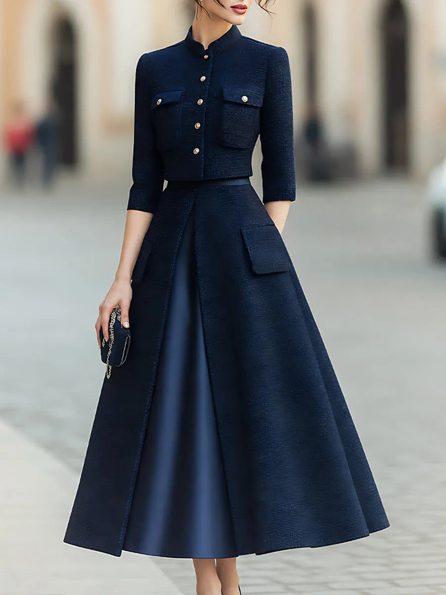 Couture-Inspired Cropped Jacket And Silk-Panel Maxi Skirt Set